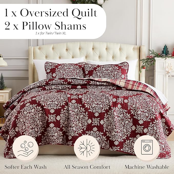 Southshore Fine Living, Inc. Christmas Quilt, Queen/Full Size with 2 Pillow Shams, Reversible Plaid Christmas Bedding Set, Coverlet Queen Size - Red Plaid