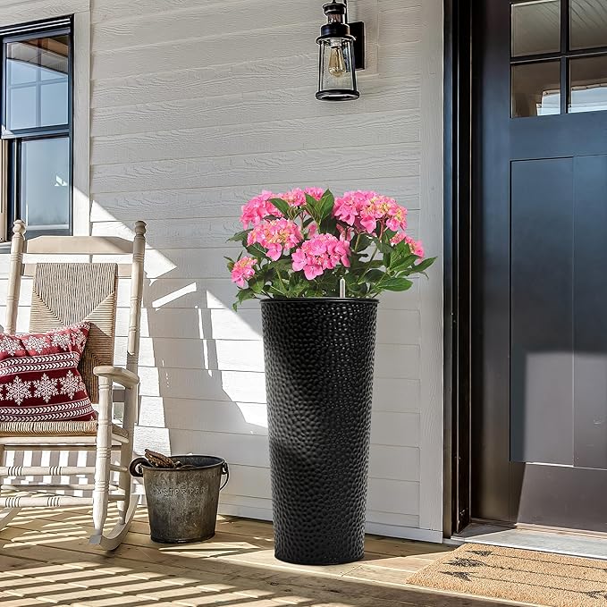 KOL 28" H. Tall Metal Cone Planters with Inside Pots 2-Pack, Black Hand-Hammered Large Decor Planter for Deck, Patio, Porch - Handcrafted Flower Pot - with Water Level Indicator - Indoor Outdoor Use