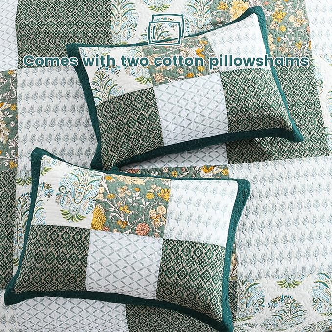 Secgo Queen Comforter Set for Bed - 100% Cotton Quilts Queen Size, Green, Emerald Bedspreads (90 * 98 Inch) with 2 Pillow Shams, Patchwork Reversible Lightweight Bedding