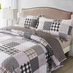 Travan Quilt Set 3-Piece Oversized Quilted Bedspread Coverlet Set Grey European British Grid Patchwork Bedding Set, King Size