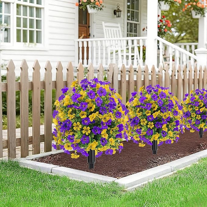 22.8" Set of 2 Fall Artificial Boxwood Topiary Ball with Spikes,UV Resistant Fake Outdoor shrubs with Violet Flowers, Faux Plants Bushes for Garden Front Porch Yard Patio Decor (Yellow+Purple)