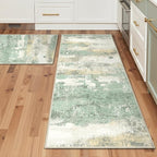 Kitchen Rug Set 2 Piece, 17"x47"+17"x30" Modern Abstract Machine Washable Rug Runner for Hallway, Low Pile Soft Indoor Floor Mat with Non-Slip Backing, Light Green