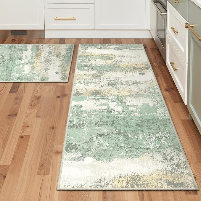 Kitchen Rug Set 2 Piece, 17"x47"+17"x30" Modern Abstract Machine Washable Rug Runner for Hallway, Low Pile Soft Indoor Floor Mat with Non-Slip Backing, Light Green