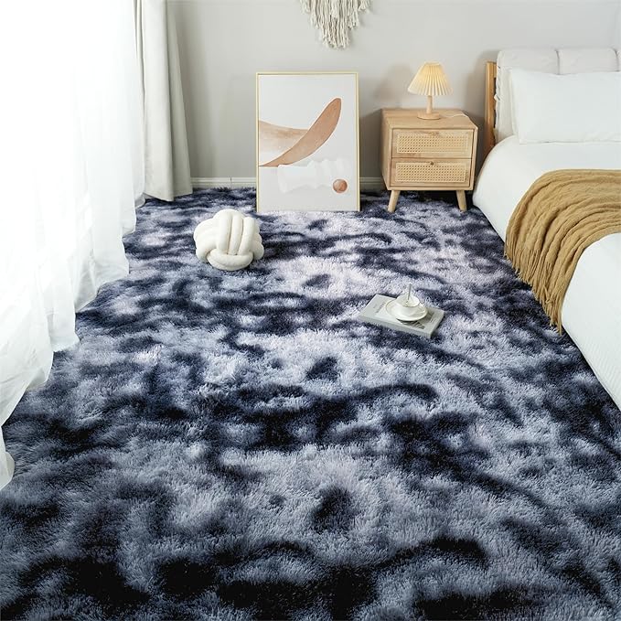Area Rugs 9x12 Living Room: Shag Area Rug for Living Room - Large Plush Fluffy Carpet (Tie-Dyed Dark Gray, 9x12 Feet)