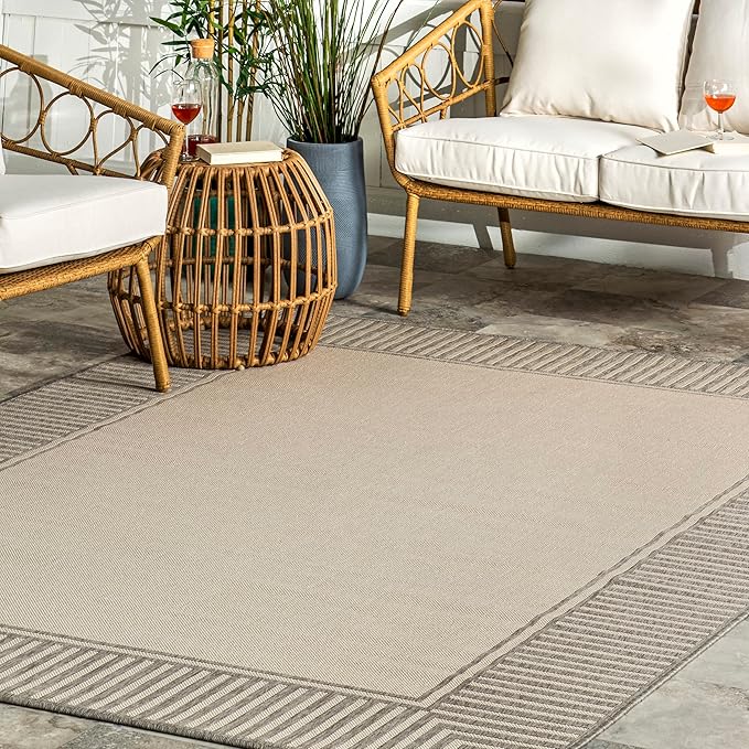 nuLOOM 2' x 8' Outdoor Area Rug, Casual Design with Striped Border, Stain Resistant, Highly Durable, for Patio, Balcony, Bedroom, Living Room, Dining Room, Bathroom, Light Grey