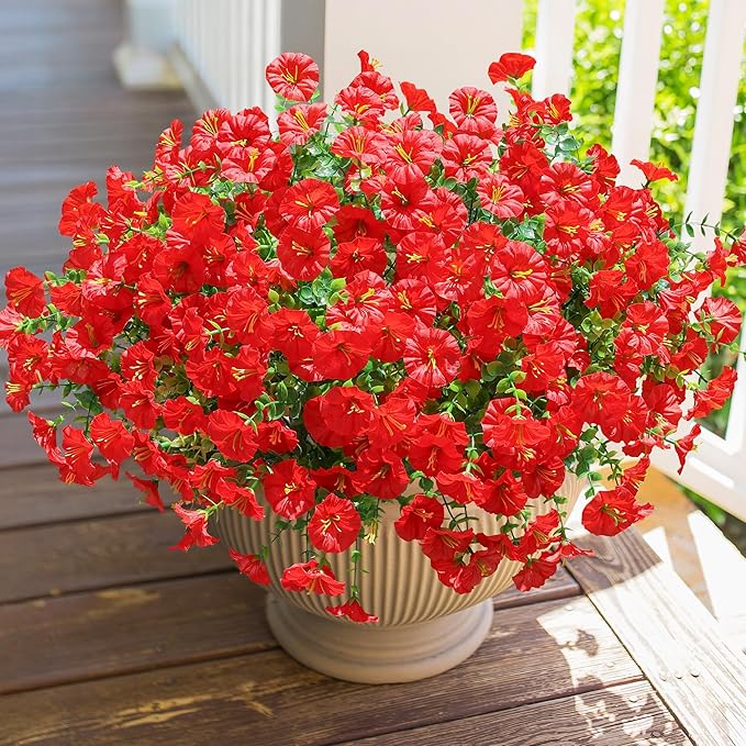 HyeFlora Artificial Flowers for Outdoors Fake Plants Outside Decoration, 12 Bundles Silk Red Morning Glory UV Resistant Look Real Faux Flowers for Planter Front Door Porch Patio Yard Gardens Balcony