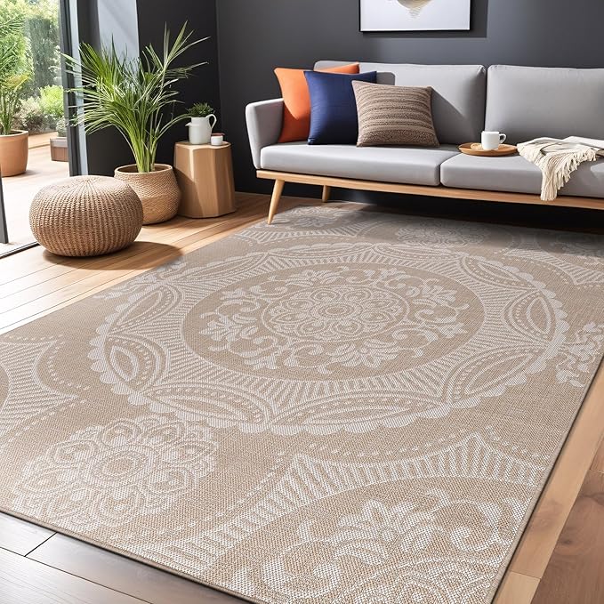 Medallion Outdoor Rug 6x9 Washable Outside Carpet for Indoor Patio Porch Waterproof Easy Cleaning Non Shedding Area Rugs Beige 6 x 9