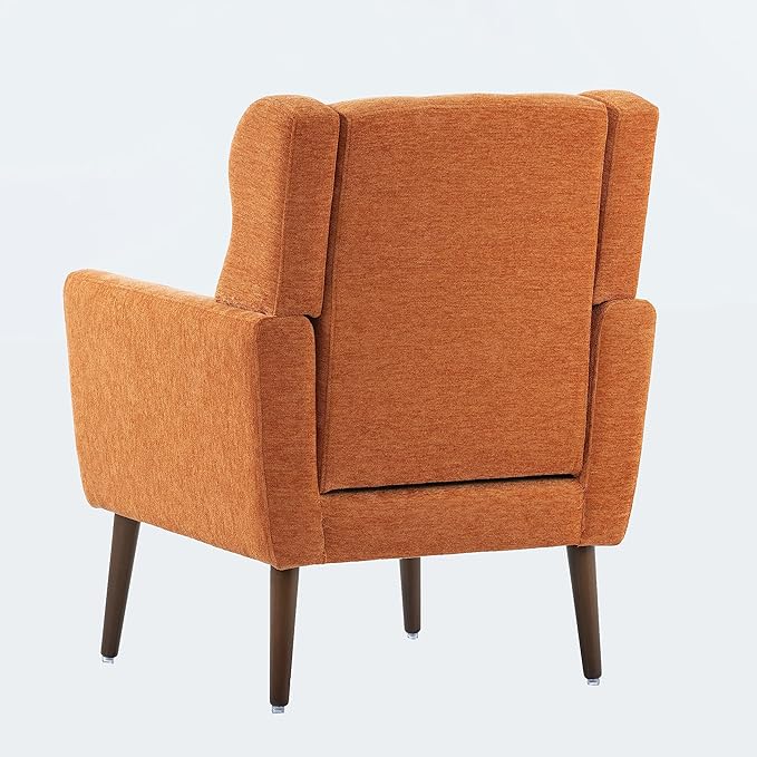 Accent Chair, Comfy Upholstered Living Room Chairs with High Tufted Backrest and Pillow, Wingback Reading Chair with Solid Wood Legs for Bedroom/Office, Chenille Fabric, Orange