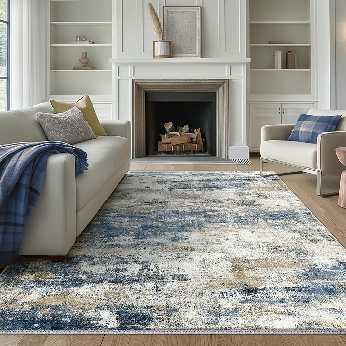 Area Rugs 10x14 for Living Room Bedroom, Modern Abstract Machine Washable Rug, Large Soft Low Pile Floor Carpet with Non Slip Backing for Dining Room, Navy Blue Beige