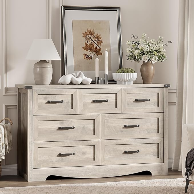 Dresser for Bedroom with 7 Drawers, 48" Wide Modern Chest of Drawers with Deep Drawers & Mental Handle, Wood Dresser TV Stand, Wooden Closet Storage Organizer for Living Room, Hallway, Entryway, Grey