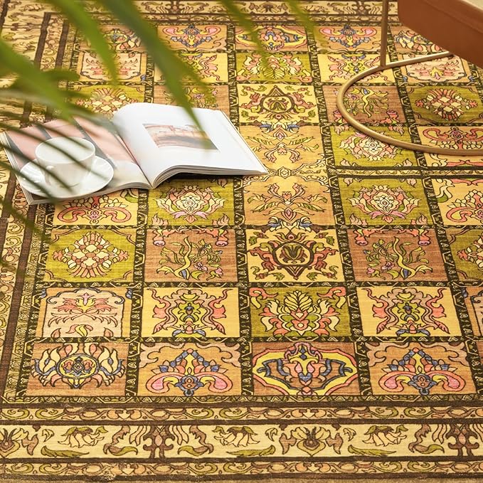 Topllen Washable Area Rug - 3'x5' Boho Bedroom Rug Indoor, Non-Slip Low-Pile Rugs for Living Room Bathroom Kitchen Front Door, Entry Throw Carpet Stain Resistance (Yellow, 3x5ft)