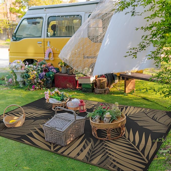 GENIMO Outdoor Rug 3' x 5' Waterproof for Patios Clearance, Reversible Outdoor Plastic Straw Camping Rug Carpet, Large Area Rugs Mats for RV, Camper, Deck, Balcony, Porch, Beach, Picnic, Black&Brown