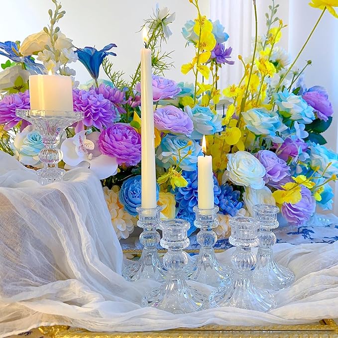 Glass Candlestick Holder,Striped Taper Candle Holders,Set of 6 Candle Stand for Table Centerpieces, Home Decor,Weddings,Festival and Parties (Clear Stripe Pattern)