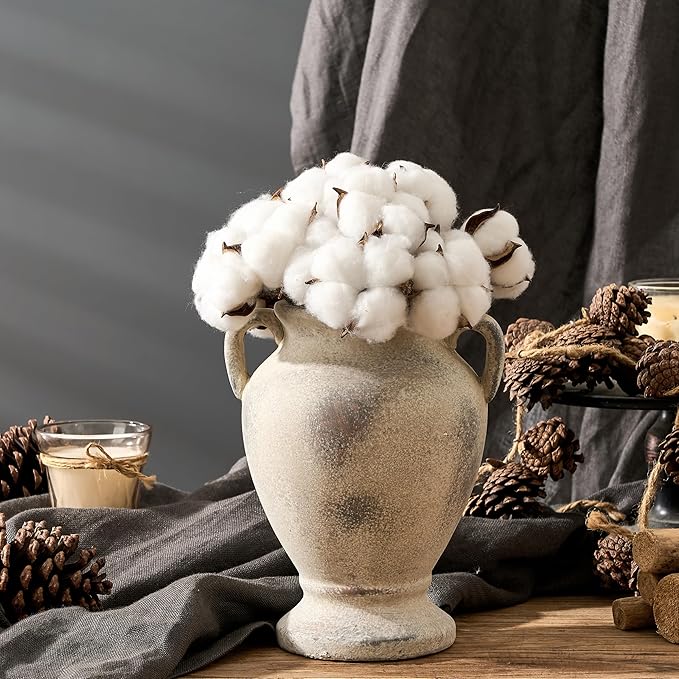 Ceramic Rustic Flower Vase with Handles, 8.46 Inch Tall Vintage Pottery Home Decor, Farmhouse Terracotta Vase for Living Room, Table, Shelf, Mantel Decoration, Farmhouse- Brown