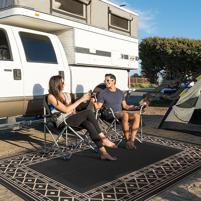 GENIMO Outdoor Rug Waterproof 9'x12' for Patio, Foldable Reversible Plastic Straw Carpet for Travel Trailers, Outside Area Mat for Rv, Deck, Picnic, Porch, Camper, Balcony, Beach, Black & Brown