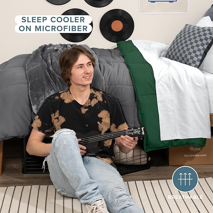 Bare Home Twin/Twin Extra Long Comforter - Reversible Colors - Goose Down Alternative - Ultra-Soft - Premium 1800 Series - All Season Warmth - Bedding Comforter (Twin/Twin XL, Grey/Forest Green)