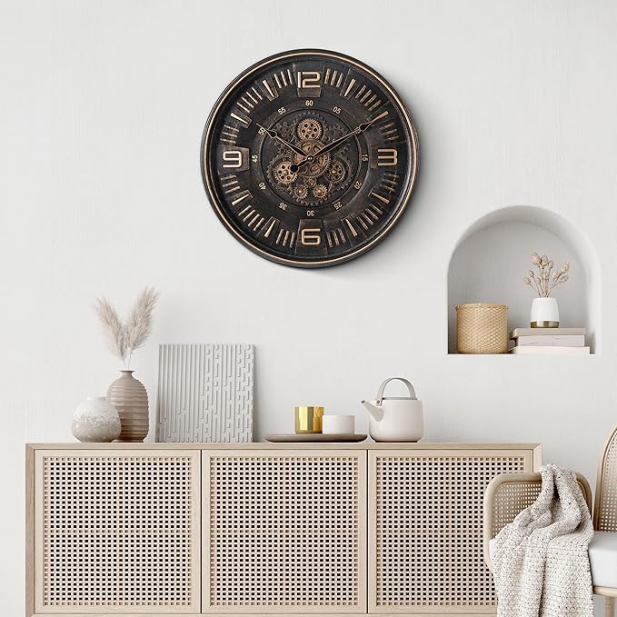 Maxstar Large Vintage Moving Gear Wall Clock, 20''Battery Operated Industrial Steampunk Metal Decor for Living Room, Office,Fireplace, Farmhouse(Arabic Number-Bronze)