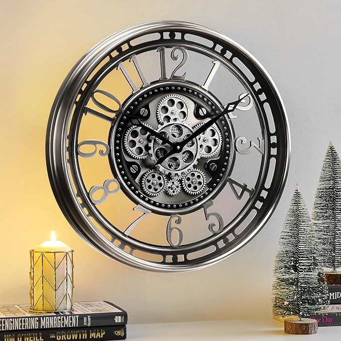 CLXEAST 21 Inch Large Moving Gear Wall Clock,Industrial Steampunk Decor,Decorative Wall Clock for Modern Farmhouse Living Room Decor,Gunmetal Silver Finish