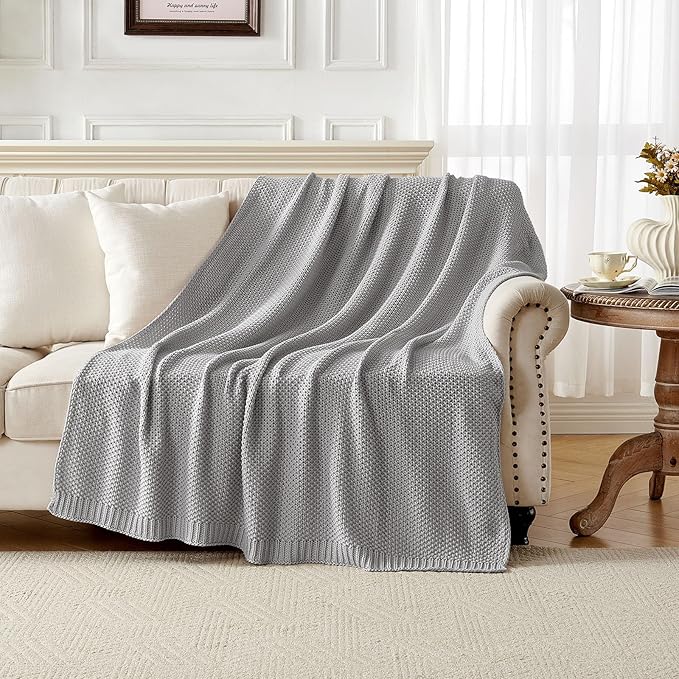 Joydeco Chunky Cable Knit Throw Blanket, Lightweight 100% Cotton Soft Cozy Throw Twin Blanket for Couch Bed and Sofa, Rustic Breathable Farmhouse Blanket Gift for Women Men(Grey, 51"x63")