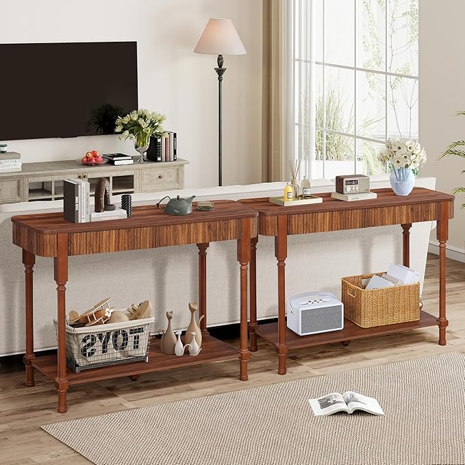 43.3” Console Table with 2 Drawers, Modern Entryway Table with Fluted Panel & Storage Shelf, Narrow Wood Behind Couch Sofa Table for Living Room, Foyer, Hallway(Walnut)