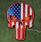 American Flag Skull Neon Sign – LED Wall Light for Game Room, Bar, Man Cave, Bedroom – USB or Battery Powered Acrylic Skull Decor for Halloween, Party, Retro Gaming Room