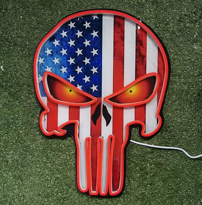 American Flag Skull Neon Sign – LED Wall Light for Game Room, Bar, Man Cave, Bedroom – USB or Battery Powered Acrylic Skull Decor for Halloween, Party, Retro Gaming Room