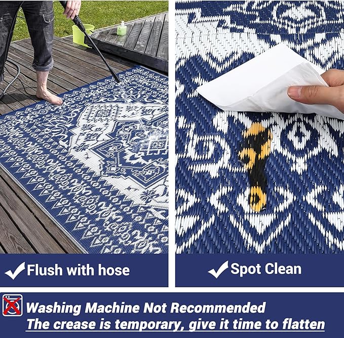 GAOMON Patio Rugs Outdoor 8x10 Waterproof Reversible Plastic Straw Rug, Large UV-Resistant Portable RV Camping Mats, Indoor Outdoor Medallion Carpet for Deck Porch Garden, Dark Blue & White