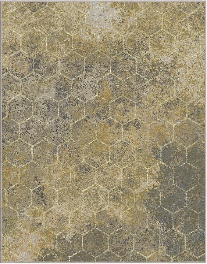 Area Rugs 8x10 for Living Room Bedroom, Modern Abstract Honeycomb Geometric Design, Machine Washable Rug, Large Soft Low Pile Floor Cover with Non Slip Backing for Dining Room, Brown/Tan