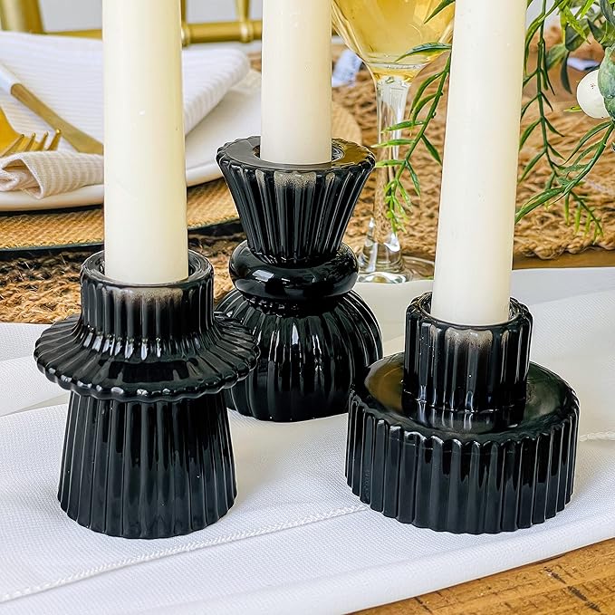 Kate Aspen Vintage Ribbed Glass Black Candlestick Holders, Pillar Candle, Tealight & Votive Candle Holders (Set of 6, 3 Assorted Sizes), Dining Table Decor, Shelf Decor, Centerpiece