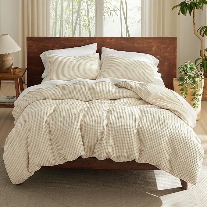 Bedsure Cooling Waffle Duvet Cover Queen - Cotton Blend Rayon Derived from Bamboo Duvet Cover Set for Hot Sleepers, Breathable Bedding Set with a Vintage Charm, 3 Pieces (Beige, Queen, 90"x90")