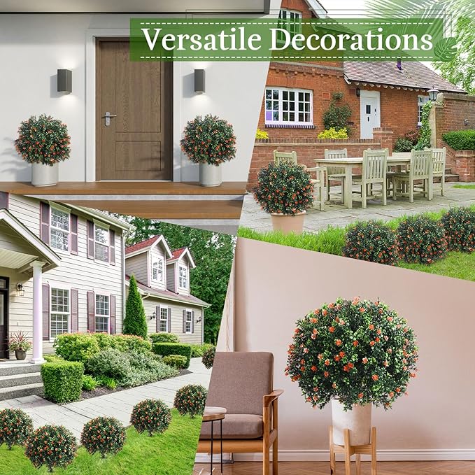 Yunlly Set of 2 Artificial Boxwood Topiary Ball Tree Fake Bushes Shrubs Outdoor Faux Plant with Ground Spike Flowers UV Resistance Greenery for Front Porch Garden Patio Indoor(Orange,27x18inch)