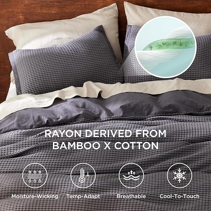 Bedsure Cooling Waffle Duvet Cover Queen - Cotton Blend Rayon Derived from Bamboo Duvet Cover Set for Hot Sleepers, Breathable Bedding Set with a Vintage Charm, 3 Pieces (Charcoal, Queen, 90"x90")