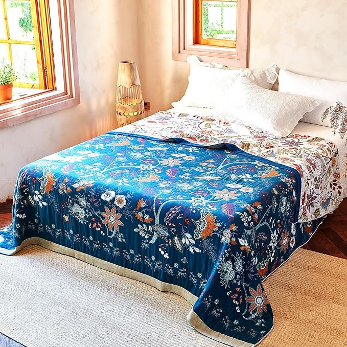 Boho Throw Blanket, 100% Organic Cotton Breathable Ultra Soft Bed Quilt Throw - All Season Floral Bird Butterfly Farmhouse Decor Blanket for Sofa Couch Chair and Gift. 60" x 80"