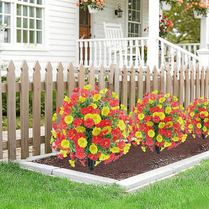 22.8" Set of 2 Fall Artificial Boxwood Topiary Ball Tree for Outdoors with Spike UV Resistant Fake Shrubs Outdoor with Morning Glory Flowers,Faux Plants Bushes for Garden Porch Yard Patio Decor-YR