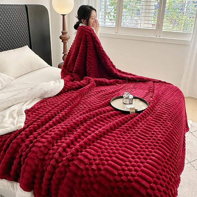 UKELER Sherpa Bed Blanket 80 × 90 inch, Ultra Soft Queen Size Throw Blanket for All Season, 470 GSM Cozy Plush Striped Fleece Blankets for Bedroom Living Room Dorm Hostel Sofa Camping, Red