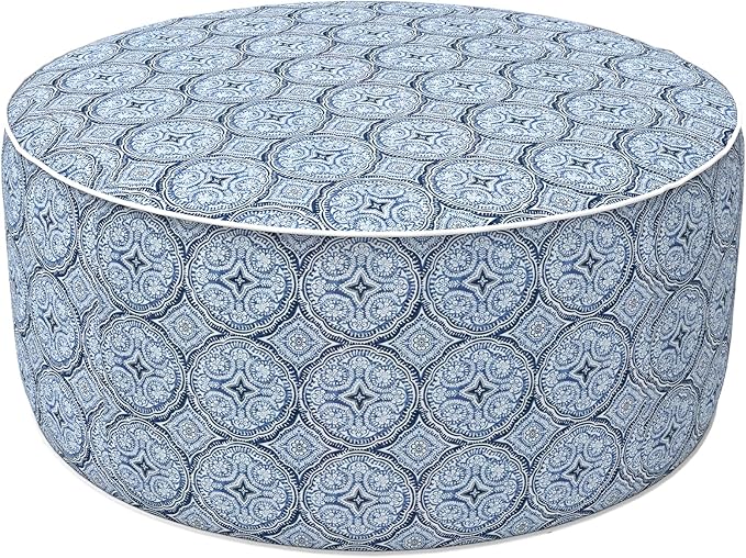 LVTXIII Outdoor Inflatable Ottoman, Fade-Resistant Round Footrest Stool D31”x H14”, Portable Patio Pouf for Garden Camping or Home Use, Medallion Blue