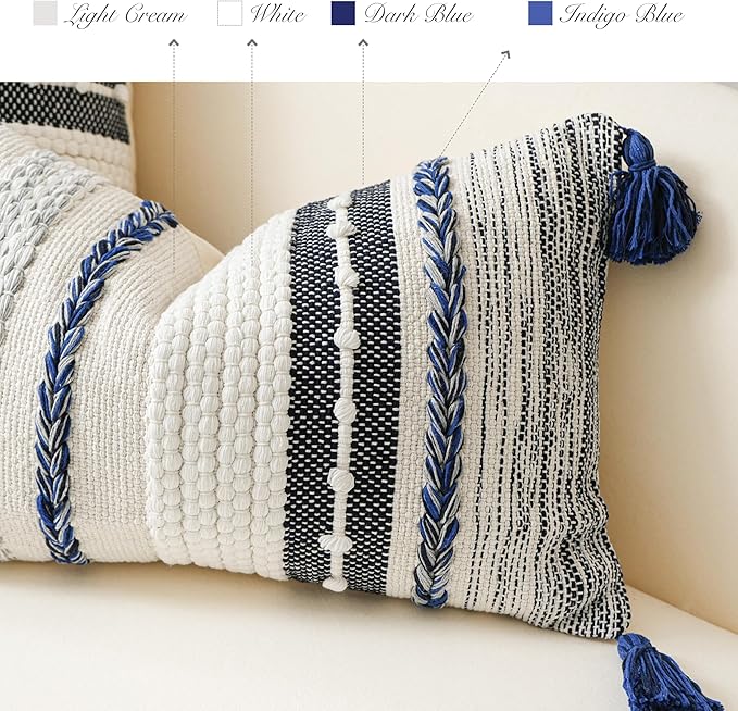 BlissBlush Navy Dark Blue Boho Decorative Lumbar Pillow Cover 14x36, Long Body Pillow for Bed, Accent Lumbar Throw Pillow for Couch, Modern Farmhouse Textured Pillowcase