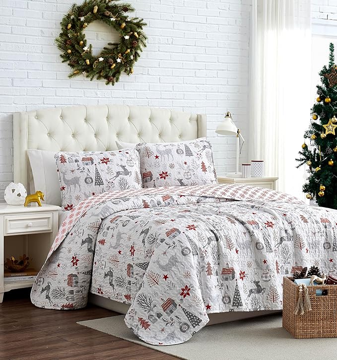 Southshore Fine Living, Inc. Holly Jolly Christmas Holiday Soft Bedding Set 3-Piece Oversized Quilt Set with Quilted Shams, King/California King