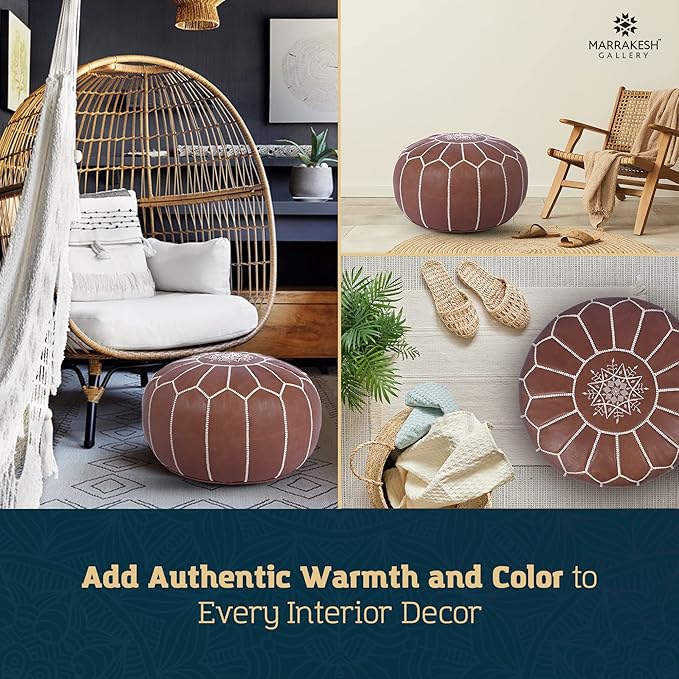 Marrakesh Gallery Genuine Leather Round Pouf Unstuffed - Moroccan Ottoman Footstool, Footrest Cover - Boho Decor - Bohemian Living Room, Bedroom, Kids Room, Gift & Wedding