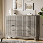 Fluted Dresser with 8 Drawers, 54" Wide Wood Chest of Drawers with Metal Handle, Wooden Dresser TV Stand, Modern Closet Clothes Storage Organizer for Bedroom, Living Room, Hallway, Light Grey
