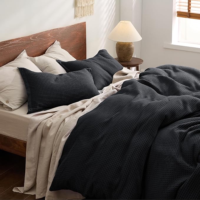 Bedsure Cotton Duvet Cover Set - 100% Cotton Waffle Weave Black Duvet Cover California King, GentleSoft™ and Breathable Cal King Bedding Set for All Season, 3 Pieces, 104"x98"