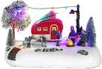 Animated Christmas Camper Village Building, Illuminated LED Light Christmas Village House Scene Holiday Collection Indoor Decorations for Table, Fireplace, and Shelf, Musical and Battery Operated