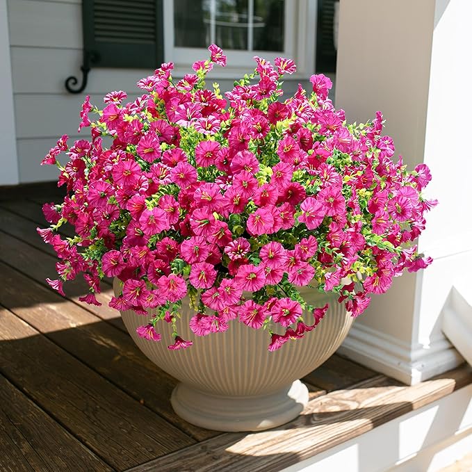 HyeFlora Artificial Flowers for Outdoors Fake Plants, 12 Bundles Faux Fuchsia Morning Glory UV Resistant Look Real Silk Flowers for Outside Planter Front Door Porch Patio Yard Fall Autumn Decoration