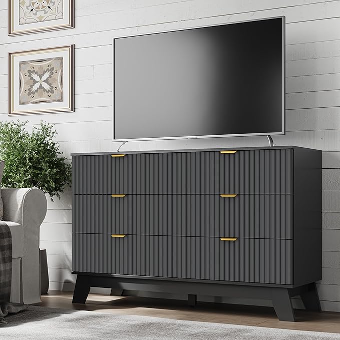 Fluted 6 Drawer Dresser, 47.2" Wide Modern Boho Chest of Drawers, Wooden Storage Dresser TV Stand for Bedroom, Living Room, Closet, Hallway, Curved Profile Design