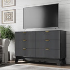 Fluted 6 Drawer Dresser, 47.2" Wide Modern Boho Chest of Drawers, Wooden Storage Dresser TV Stand for Bedroom, Living Room, Closet, Hallway, Curved Profile Design