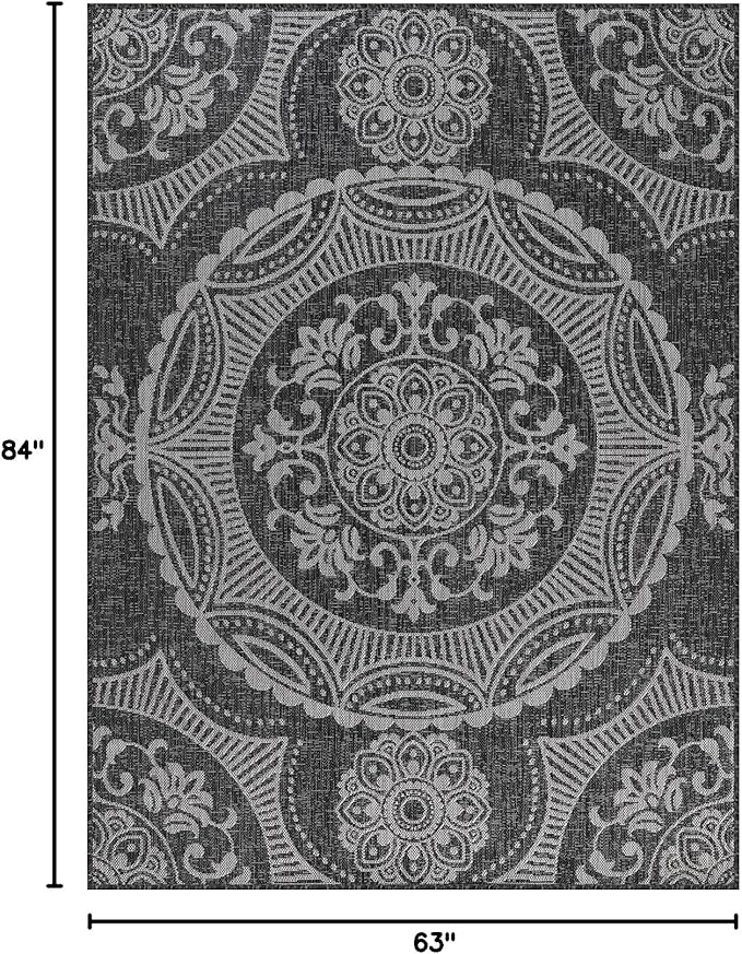 Medallion Outdoor Rug 5x7 Washable Outside Carpet for Indoor Patio Porch Waterproof Easy Cleaning Non Shedding Area Rugs Dark Gray 5 x 7
