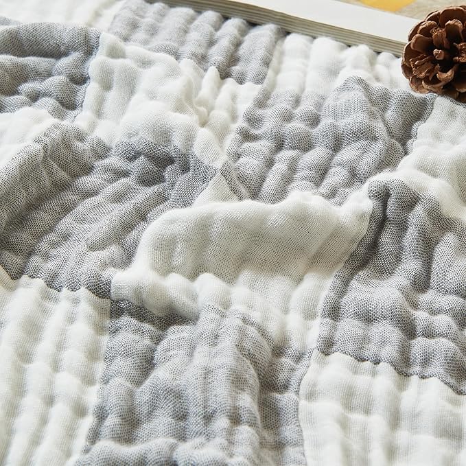 EMME Checkered Throw Blanket Cotton for Couch Soft Muslin Blankets 50"x60" Lightweight Breathable Cooling Soft All Season Gauze, Light Grey