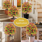 22.8" Set of 2 Fall Artificial Boxwood Topiary Ball with Spikes,UV Resistant Fake Outdoor shrubs with Violet Flowers, Realistic Faux Plants Bushes for Garden Front Porch Yard Patio Decor(Yellow+Red)