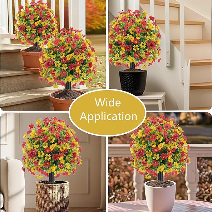 22.8" Set of 2 Fall Artificial Boxwood Topiary Ball with Spikes,UV Resistant Fake Outdoor shrubs with Violet Flowers, Realistic Faux Plants Bushes for Garden Front Porch Yard Patio Decor(Yellow+Red)