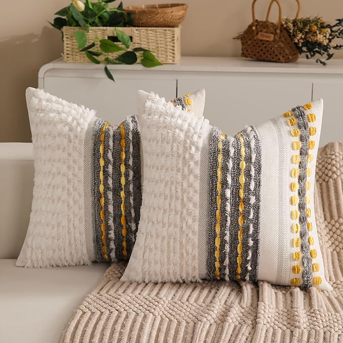 Boho Chenille Tufted Couch Throw Pillow Covers 18x18 Inch Set of 2 Farmhouse Striped Decorative Pillow Covers Accent Neutral Pillowcase Grey Yellow Cushion Cover for Living Room Sofa Bed